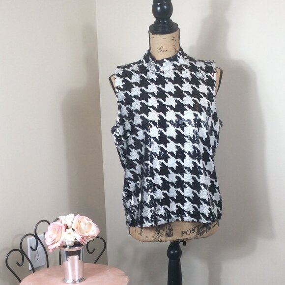 Ann Taylor Black & White Sequined Houndstooth Shell - Picture 2 of 5